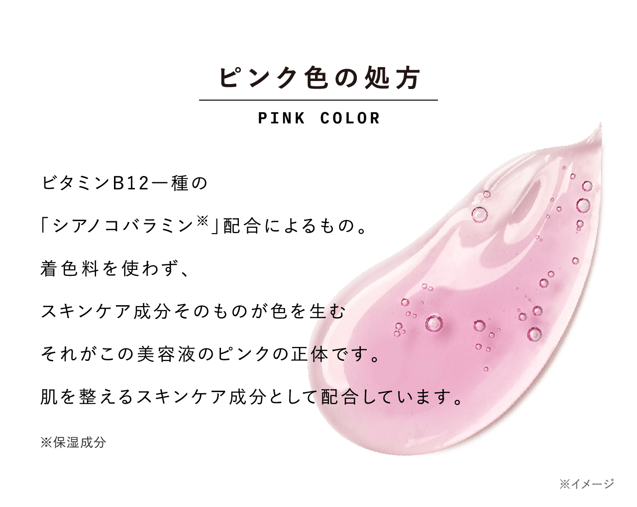ピンク色の処方 PINK COLOR ビタミンB12一種の「シアノコバラミン※」配合によるもの。着色料を使わず、スキンケア成分そのものが色を生むそれがこの美容液のピンクの正体です。肌を整えるスキンケア成分として配合しています。 ※保湿成分 ※イメージ