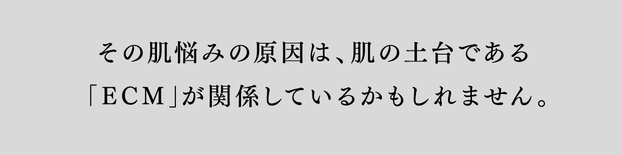 WHAT IS ECM? ECMとは、”細胞と細胞の間を埋める細胞以外の成分”のこと。細胞がくっつき、動き、分裂し、働くための「足場」のようなもの。 エストロゲンの低下とともに、コラーゲンやエラスチンなどECM構成成分が壊れることで肌のたるみ・くすみ・ターンオーバーの遅延に。