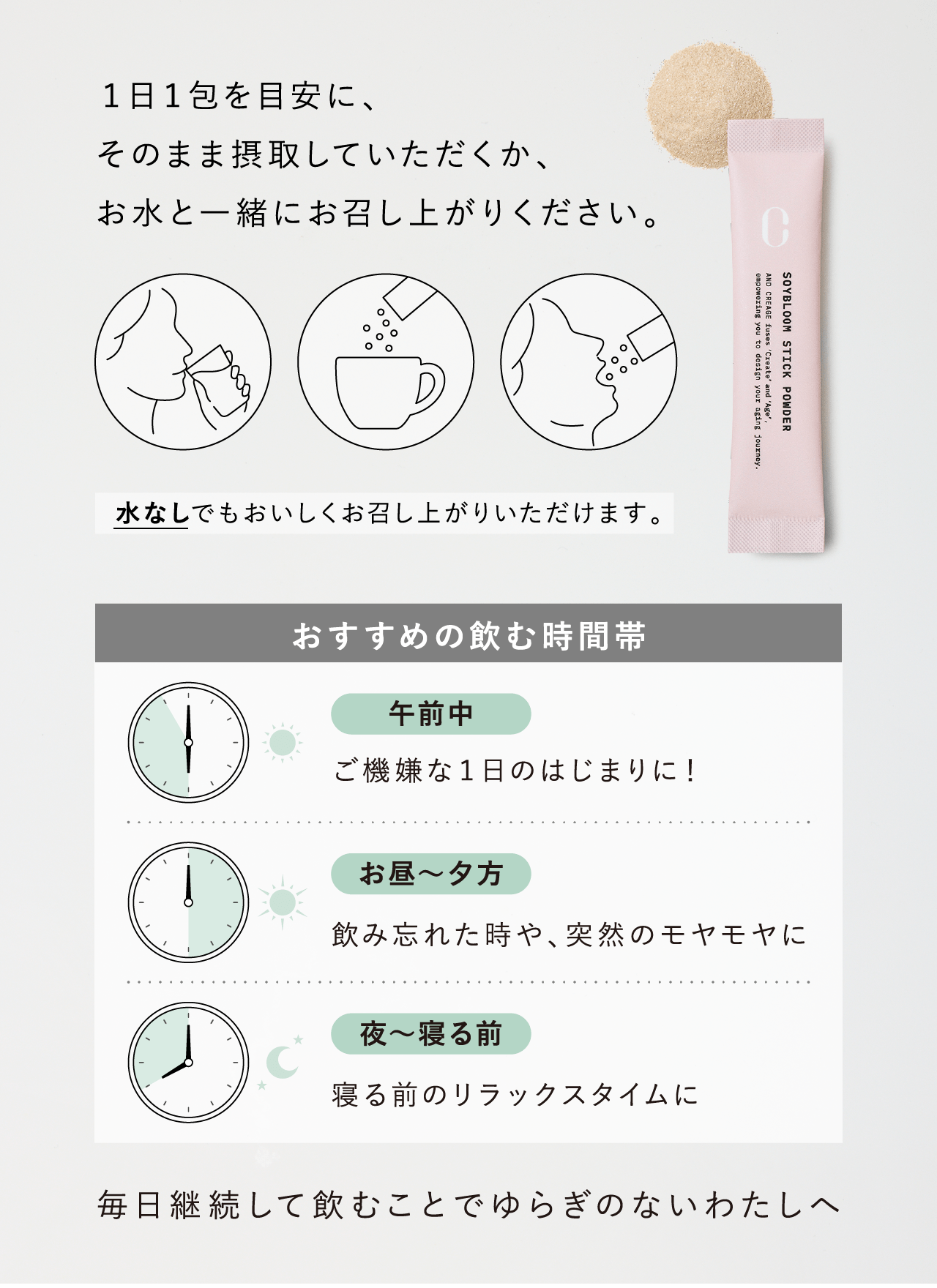 1日1包を目安に、そのまま摂取していただくか、お水と一緒にお召し上がりください。 水なしでもおいしくお召し上がりいただけます。 おすすめの飲む時間帯 午前中 ご機嫌な1日のはじまりに！ お昼〜夕方 飲み忘れた時や、突然のモヤモヤに 夜〜寝る前 寝る前のリラックスタイムに 毎日継続して飲むことでゆらぎのないわたしへ